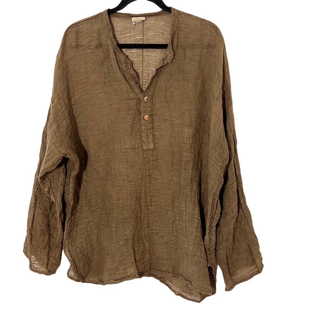 La Bottega di Brunella Top Size L Olive 100% Linen Gauzy Boxy Lagenlook Coastal